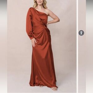 Revelry One-Shoulder Satin Gown in Burnt Orange